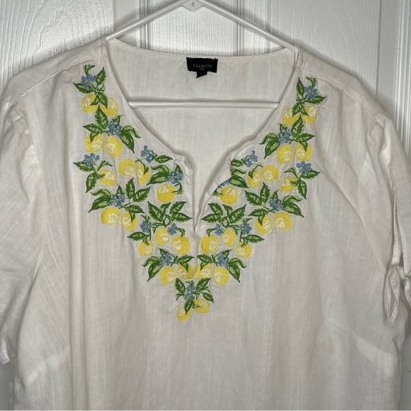 Talbots Tie Detail Embroidered 100% Linen Top Lemon Novelty Print 2X - Picture 5 of 11